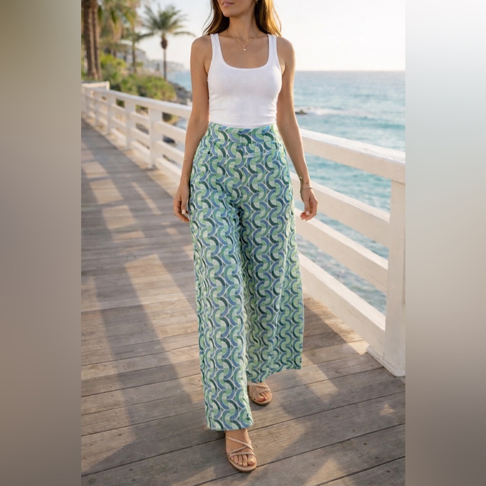 ZARA Printed Wide Leg Pant Green Blue Geometric High Waist Stretch Large Coastal